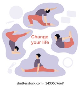 Vector illustration with person does yoga exercise, yoga pose on background of the yoga accessories. Healthy lifestyle. Balance training. Design for app, websites, print, presentation