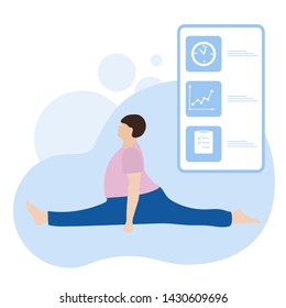 Vector illustration with person does yoga exercise, yoga pose and display with yoga app. Yoga for everyone. Healthy lifestyle. Balance training. Design for app, websites, print, presentation.