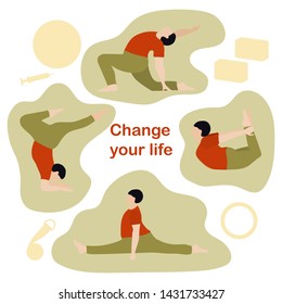 Vector illustration with person does yoga exercise, yoga pose on background of the yoga accessories. Healthy lifestyle. Balance training. Design for app, websites, print, presentation