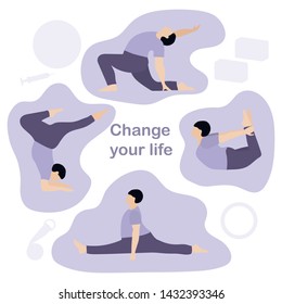 Vector illustration with person does yoga exercise, yoga pose on background of the yoga accessories. Healthy lifestyle. Balance training. Design for app, websites, print, presentation