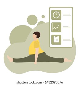 Vector illustration with person does yoga exercise, yoga pose and display with yoga app. Yoga for everyone. Healthy lifestyle. Balance training. Design for app, websites, print, presentation.