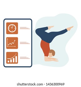 Vector illustration with person does yoga exercise, yoga pose and display with yoga app. Yoga for everyone. Healthy lifestyle. Balance training. Design for app, websites, print, presentation.