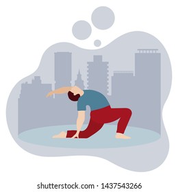 Vector illustration with person does yoga exercise, yoga pose on background of the cityscape. Yoga for everyone. Healthy lifestyle. Balance training. Design for app, websites, print, presentation