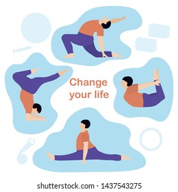 Vector illustration with person does yoga exercise, yoga pose on background of the yoga accessories. Healthy lifestyle. Balance training. Design for app, websites, print, presentation