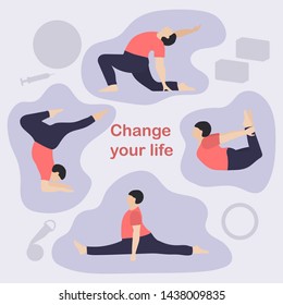 Vector illustration with person does yoga exercise, yoga pose on background of the yoga accessories. Healthy lifestyle. Balance training. Design for app, websites, print, presentation