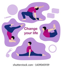 Vector illustration with person does yoga exercise, yoga pose on background of the yoga accessories. Healthy lifestyle. Balance training. Design for app, websites, print, presentation