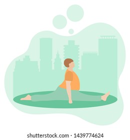 Vector illustration with person does yoga exercise, yoga pose on background of the cityscape. Yoga for everyone. Healthy lifestyle. Balance training. Design for app, websites, print, presentation