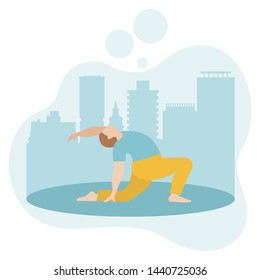 Vector illustration with person does yoga exercise, yoga pose on background of the cityscape. Yoga for everyone. Healthy lifestyle. Balance training. Design for app, websites, print, presentation