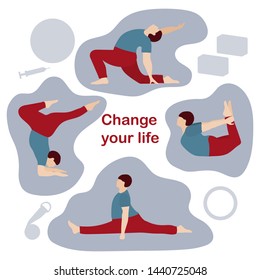 Vector illustration with person does yoga exercise, yoga pose on background of the yoga accessories. Healthy lifestyle. Balance training. Design for app, websites, print, presentation