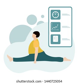 Vector illustration with person does yoga exercise, yoga pose and display with yoga app. Yoga for everyone. Healthy lifestyle. Balance training. Design for app, websites, print, presentation.