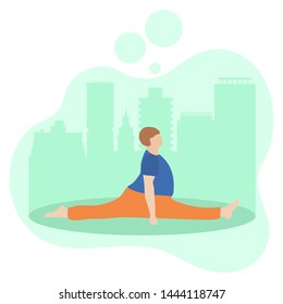 Vector illustration with person does yoga exercise, yoga pose on background of the cityscape. Yoga for everyone. Healthy lifestyle. Balance training. Design for app, websites, print, presentation