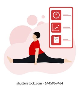 Vector illustration with person does yoga exercise, yoga pose and display with yoga app. Yoga for everyone. Healthy lifestyle. Balance training. Design for app, websites, print, presentation.