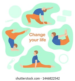 Vector illustration with person does yoga exercise, yoga pose on background of the yoga accessories. Healthy lifestyle. Balance training. Design for app, websites, print, presentation