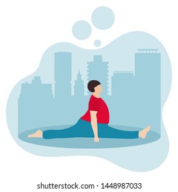 Vector illustration with person does yoga exercise, yoga pose on background of the cityscape. Yoga for everyone. Healthy lifestyle. Balance training. Design for app, websites, print, presentation