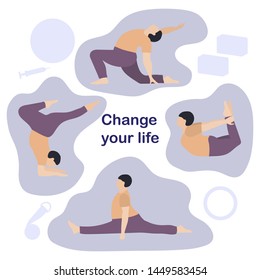 Vector illustration with person does yoga exercise, yoga pose on background of the yoga accessories. Healthy lifestyle. Balance training. Design for app, websites, print, presentation