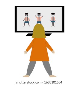Vector illustration of person doing exercise in front of a television following programs on TV concept of keeping fit during coronavirus outbreak stay home self isolating or covid-19 social distancing