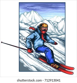 Vector illustration of person doing ski on the ice mountain