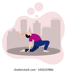 Vector illustration with person doing yoga exercise, yoga pose on background of the cityscape. Yoga for everyone. Healthy lifestyle. Balance training. Design for app, websites, print, presentation