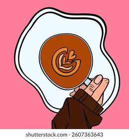 Vector Illustration of person drinking hot coffee in cafe. Top view. 