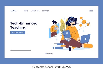 Vector illustration of a person engaged in tech-enhanced learning using virtual reality and a laptop, depicting modern educational methods integrating technology effectively.