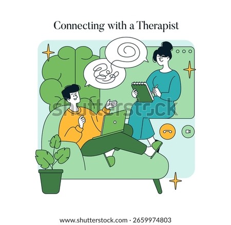 Vector illustration of a person engaging in an online therapy session with a therapist. The session includes a laptop and a notebook, emphasizing mental health and virtual communication.