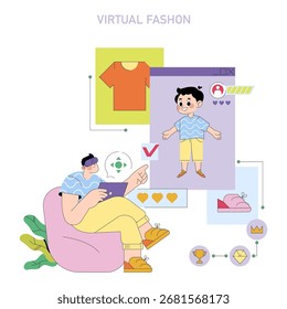 Una Ilustración vectorial de una persona comprometida con el diseño de moda virtual en un dispositivo digital. La escena incluye Elementos de realidad aumentada e iconos de interfaz de usuario, destacando la moda virtual.