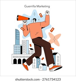 Vector illustration of a person enthusiastically using a megaphone for guerrilla marketing in a cityscape. Dynamic pose signifies excitement and engagement in promotional activities.