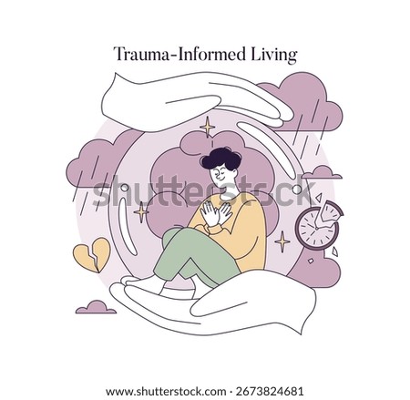 Vector illustration of a person experiencing trauma-informed living. Surrounded by symbolic elements like clocks and broken hearts, they embrace healing, inner peace, and emotional growth.