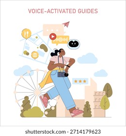 Ilustración vectorial de una persona explorando una ciudad utilizando una guía activada por voz. Los iconos de mapas, restaurantes y atracciones rodean al viajero mientras navega con facilidad.