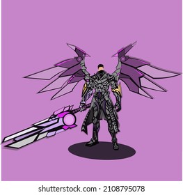 vector illustration of person in full winged armor and sword