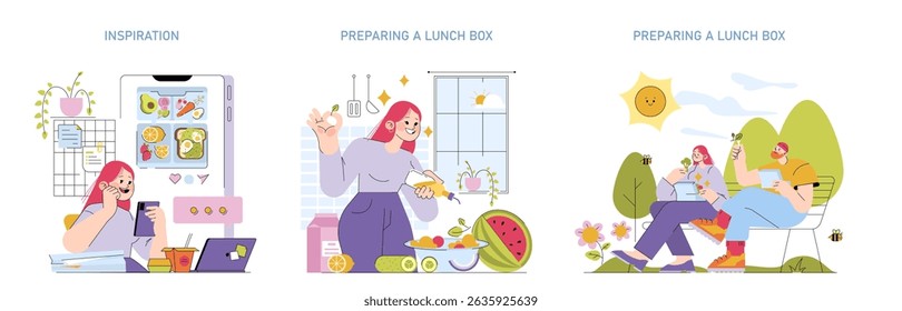 Vector illustration of a person gathering lunch box ideas from a smartphone, preparing healthy meals in the kitchen, and enjoying a meal outdoors with a companion. Relaxed and joyful atmosphere.