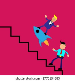 Ilustración vectorial de una persona subiendo una escalera y montando un cohete