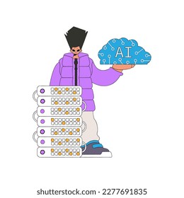 Vector illustration of a person grasping an AI brain.