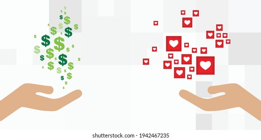 vector illustration person hand paying for likes website promotion traffic attraction
