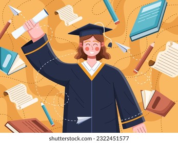 A vector illustration of a person happily celebrating their graduation while holding their diploma and wearing a traditional graduation gown.
Suitable for greeting card, postcard, banner, web, poster.