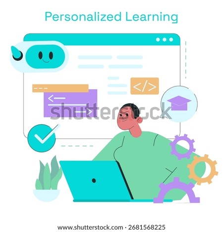 Vector illustration of a person happily engaging with a personalized learning interface on a laptop. Features coding symbols, chatbot, and educational icons, symbolizing interactive learning.