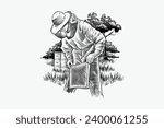 vector illustration of a person harvesting honey in nature, with engraving style