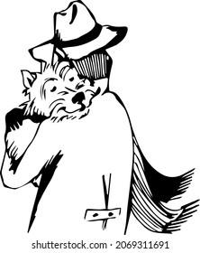 Vector illustration of person in hat holding dog in his arms.Warm embraces of human and terrier puppy.Ink drawing monochrome outlined  imitation, isolated illustration for prints,stickers,books,design