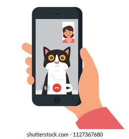vector illustration person having video call and her cat  people video call and their pet