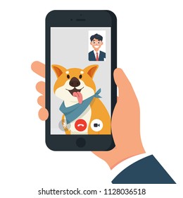 vector illustration person having video call with his dog, people video call with their pet