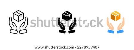 A vector illustration of a person holding a box, which represents the transportation and delivery of goods or packages. Vector set of icons in line, black and colorful styles isolated.