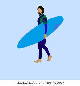 vector illustration of a person holding a surfboard with the word "SURFING" on it.