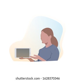 Vector illustration of a person holding a tablet. promotion. flat design