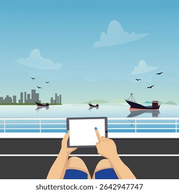 Vector illustration of a person holding a tablet while sitting near a waterfront, with boats on calm water, city skyline in the background, and birds flying in a blue sky. Modern digital lifestyle