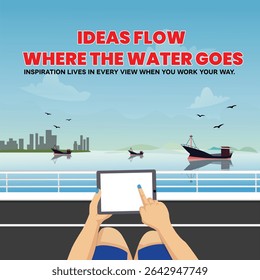 Vector illustration of a person holding a tablet while sitting near a waterfront, with boats on calm water, city skyline in the background, and birds flying in a blue sky. Modern digital lifestyle