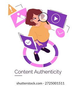 Ilustración vectorial de una persona que inspecciona la autenticidad del contenido utilizando una lupa, rodeada de iconos. Centrarse en la verificación de contenido digital y temas de confianza.