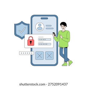 Vector illustration of a person interacting with a mobile security app. The scene includes a large smartphone screen displaying security features like password entry and lock icons indicating secure
