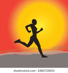 Vector illustration of a person jogging in the morning with a vibrant sunrise background.