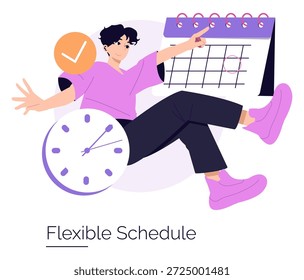Ilustração vetorial de uma pessoa interagindo alegremente com um relógio e calendário, simbolizando uma agenda flexível. A imagem captura a essência do gerenciamento de tempo e adaptabilidade.