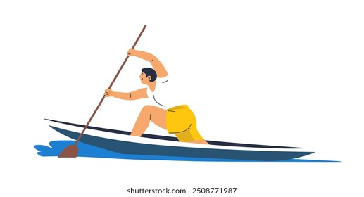 Ilustración vectorial de una persona en kayak en un cuerpo de agua tranquilo, remando una canoa, en un estilo de diseño plano, aislado sobre fondo blanco.